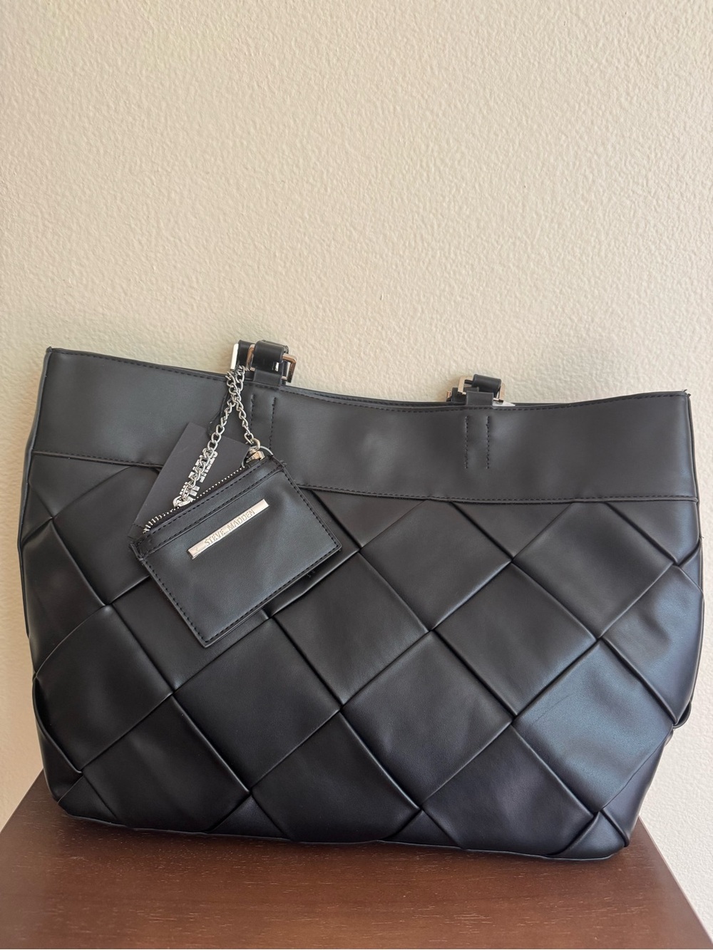 Steve Madden Black Quilted Tote with Chain Card Pouch